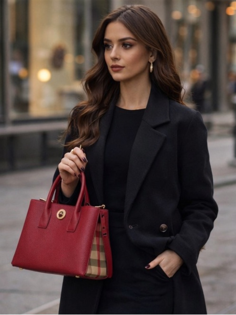 Burberry Red Pebbled Leather Satchel with Gold-Tone Accent